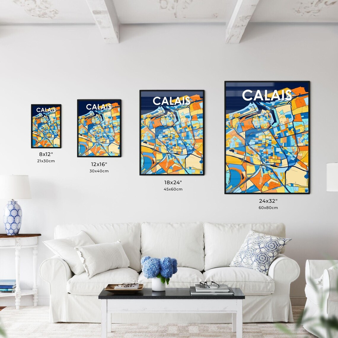 Calais France Colorful Blue and Orange Port City Map Art Poster - Image 3