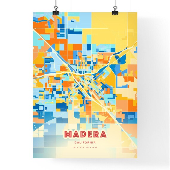 Madera California Modern Colorful City Street Map Art Poster