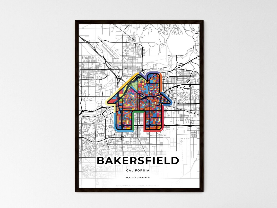 Bakersfield California Minimal City Map Colorful Heart Icon Art Poster - Image 3