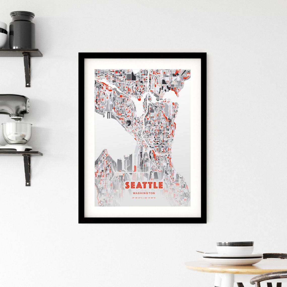 Seattle Washington Expressive Red and Black City Map Artwork Poster - Image 2