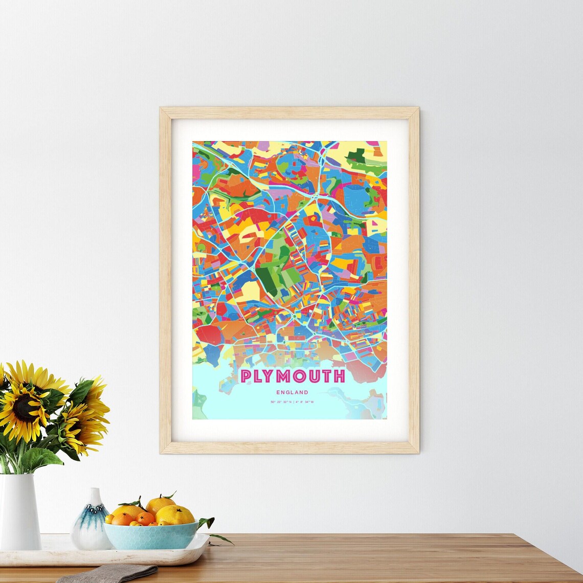 Custom Plymouth England Rainbow Crazy Colorful City Map Art Poster - Image 2