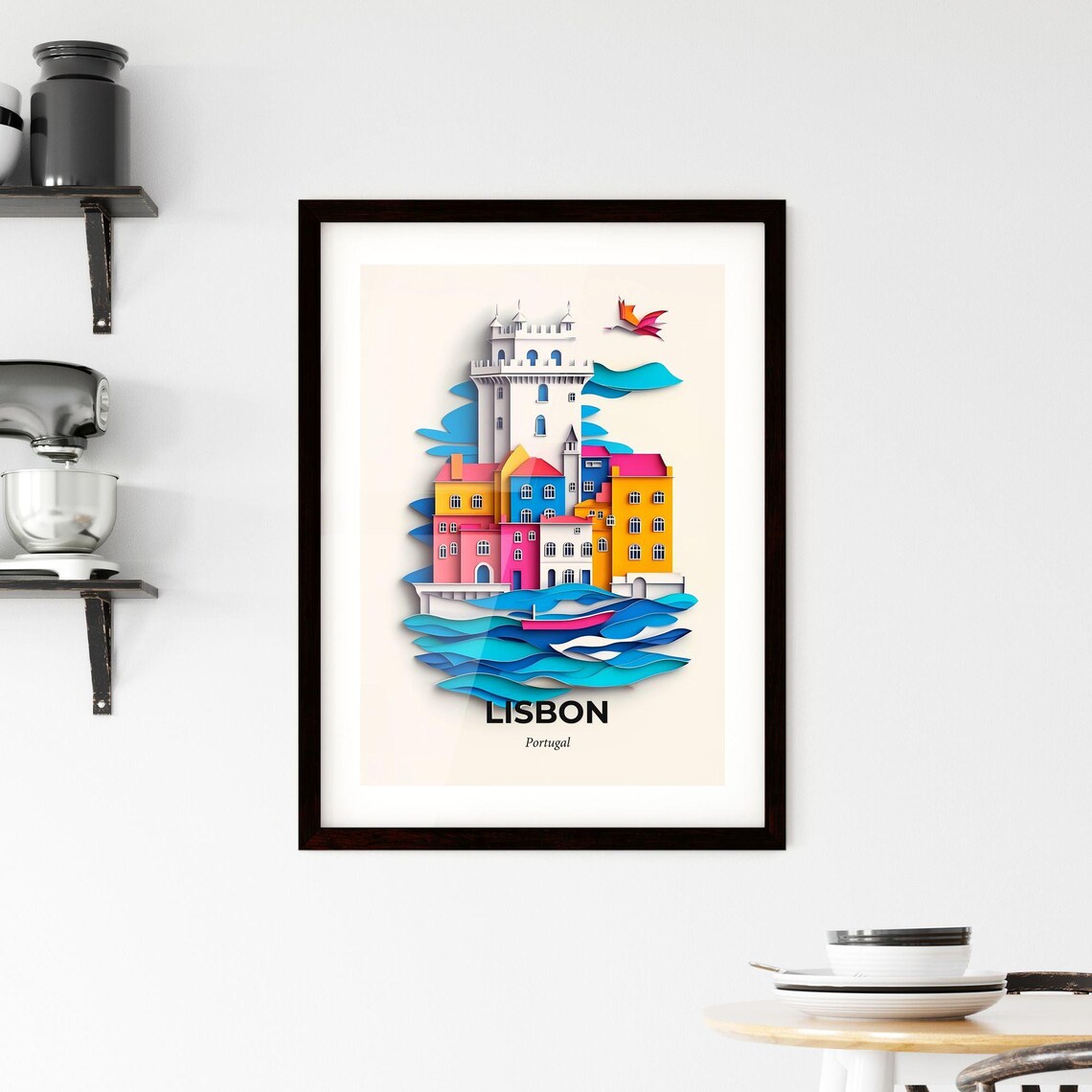 Lisbon Portugal Colorful Paper Cut Historic Tower Waves Travel Poster - Image 2
