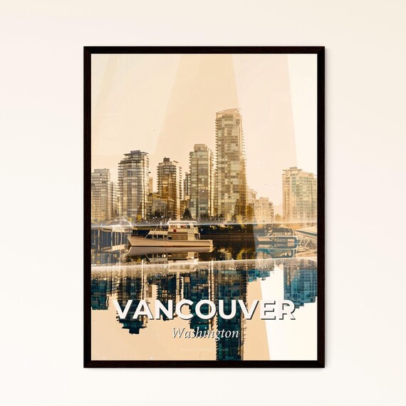 Vancouver Washington Golden Waterfront Tower Reflection Art Poster