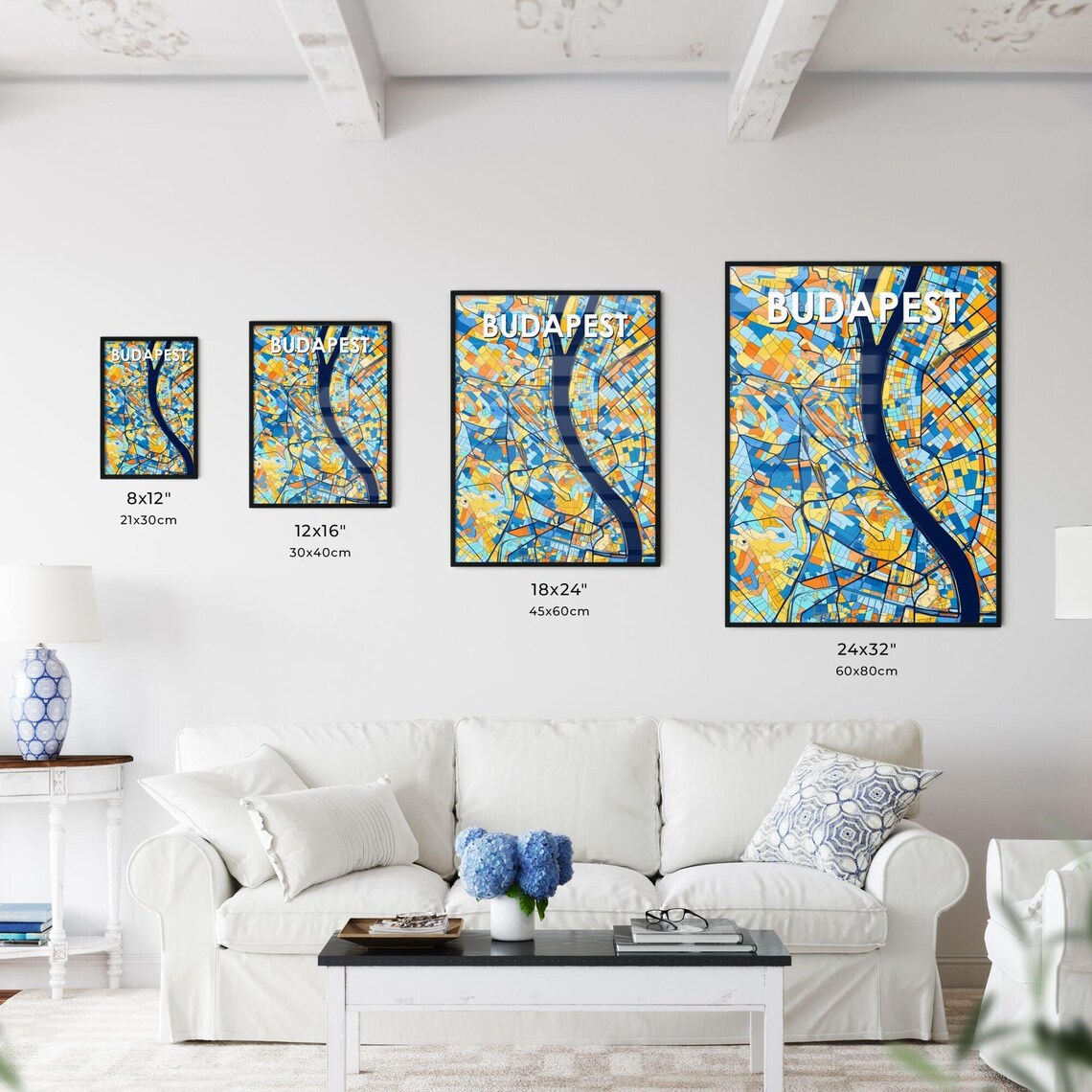 Budapest Hungary Vibrant Geometric City Map Art Poster in Blue and Orange - Image 3