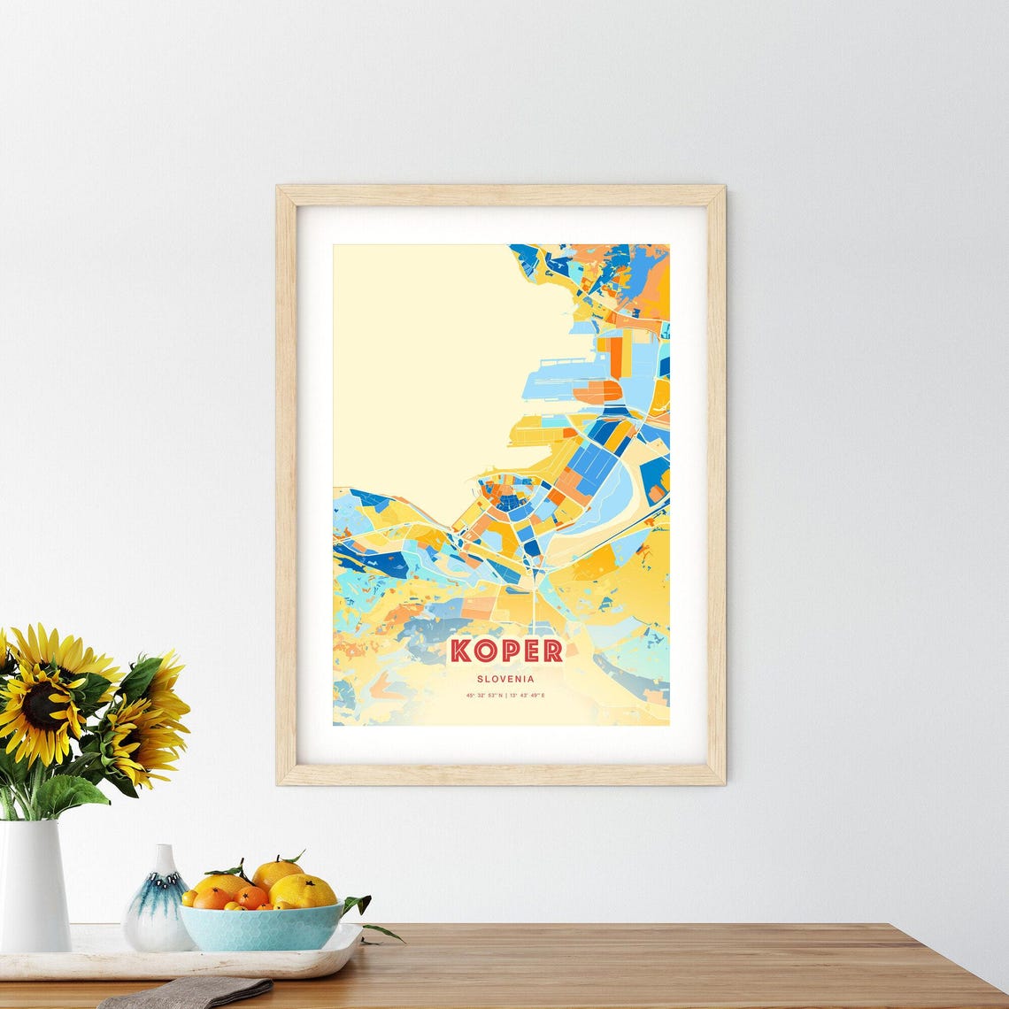 Koper Slovenia Coastal Modern Colorful City Map Blue Orange Poster - Image 2