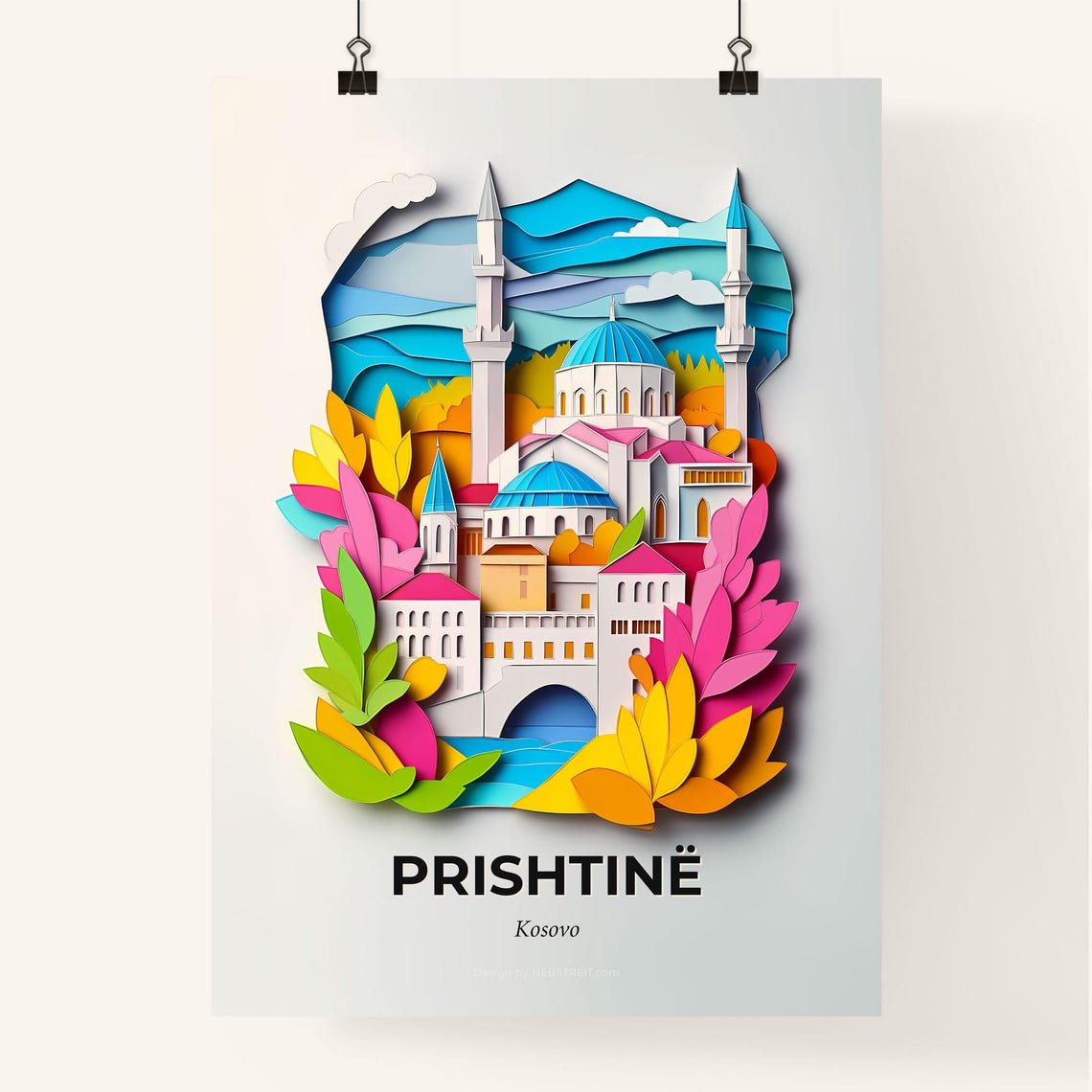 Vivid Prishtin Pritina Kosovo A Paper Cut Of A Mosque With A Blue Dome Fine Art Print Customizable - Image 4