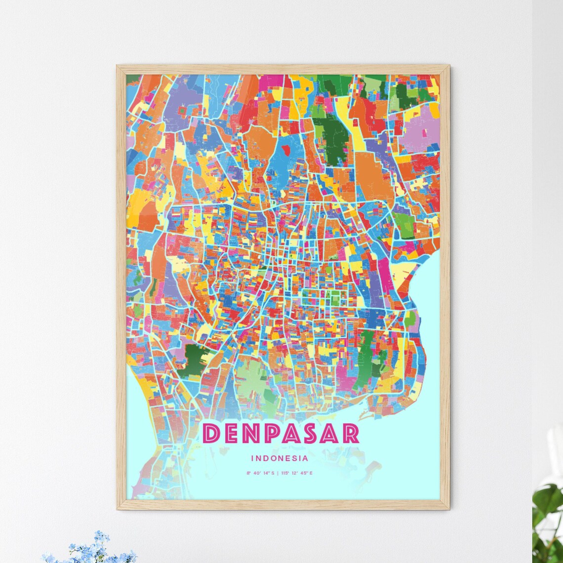 Denpasar Indonesia Colorful City Map Art Poster in Pink and Turquoise