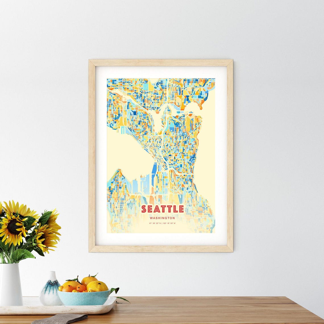 Seattle Washington City Map Art Poster Orange Blue Coordinates - Image 2