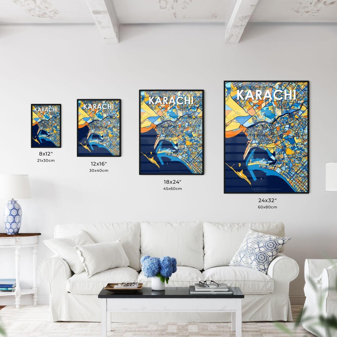 Karachi Pakistan Bold Dark Blue Orange City Street Map Art Poster - Image 3