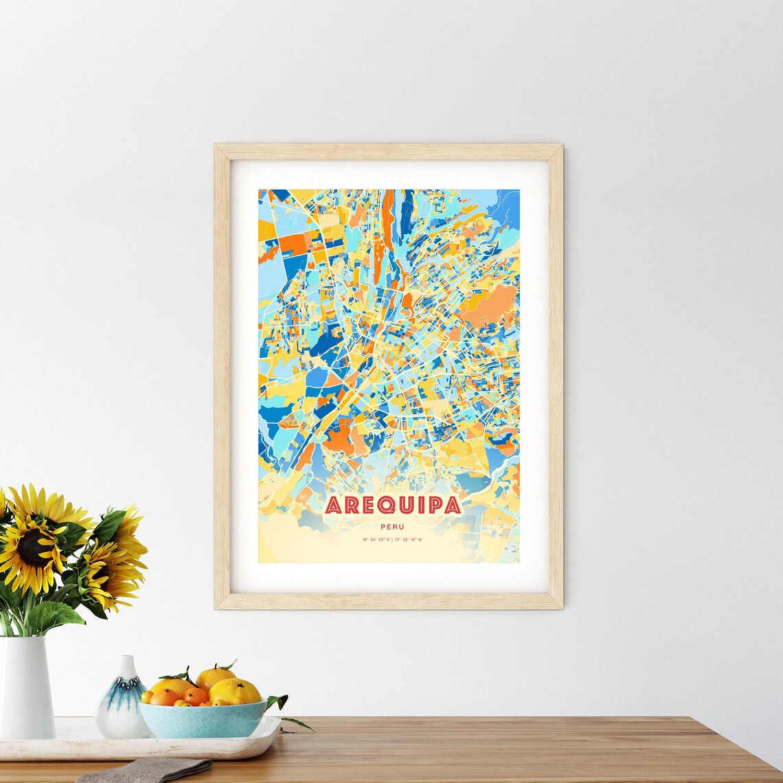 Arequipa Peru Colorful Blue Orange City Map Art Poster with Coordinates - Image 2