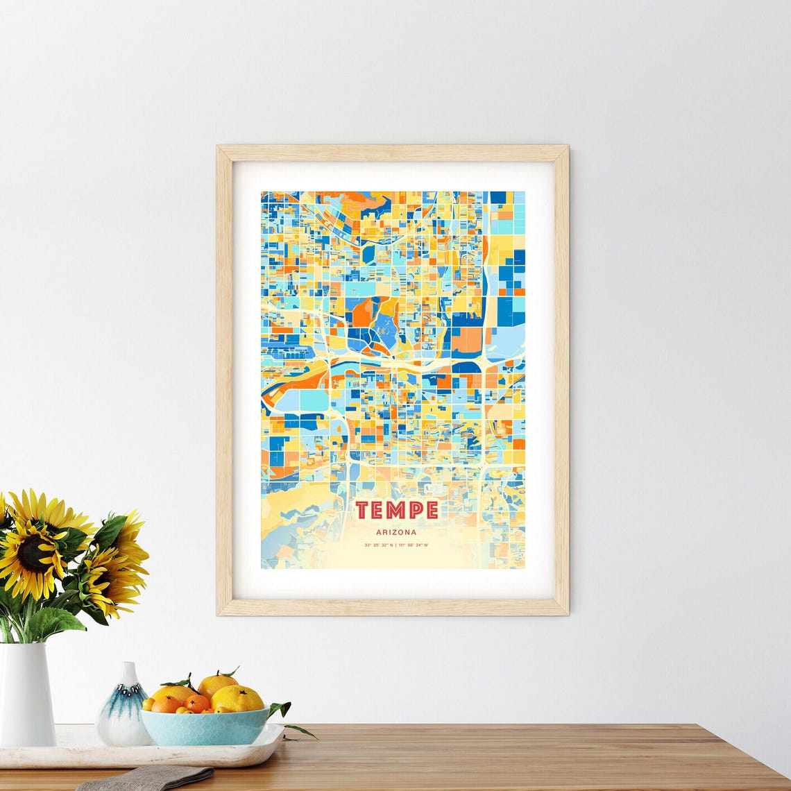 Tempe Arizona Vibrant Colorful City Map Art Coordinates Poster - Image 2