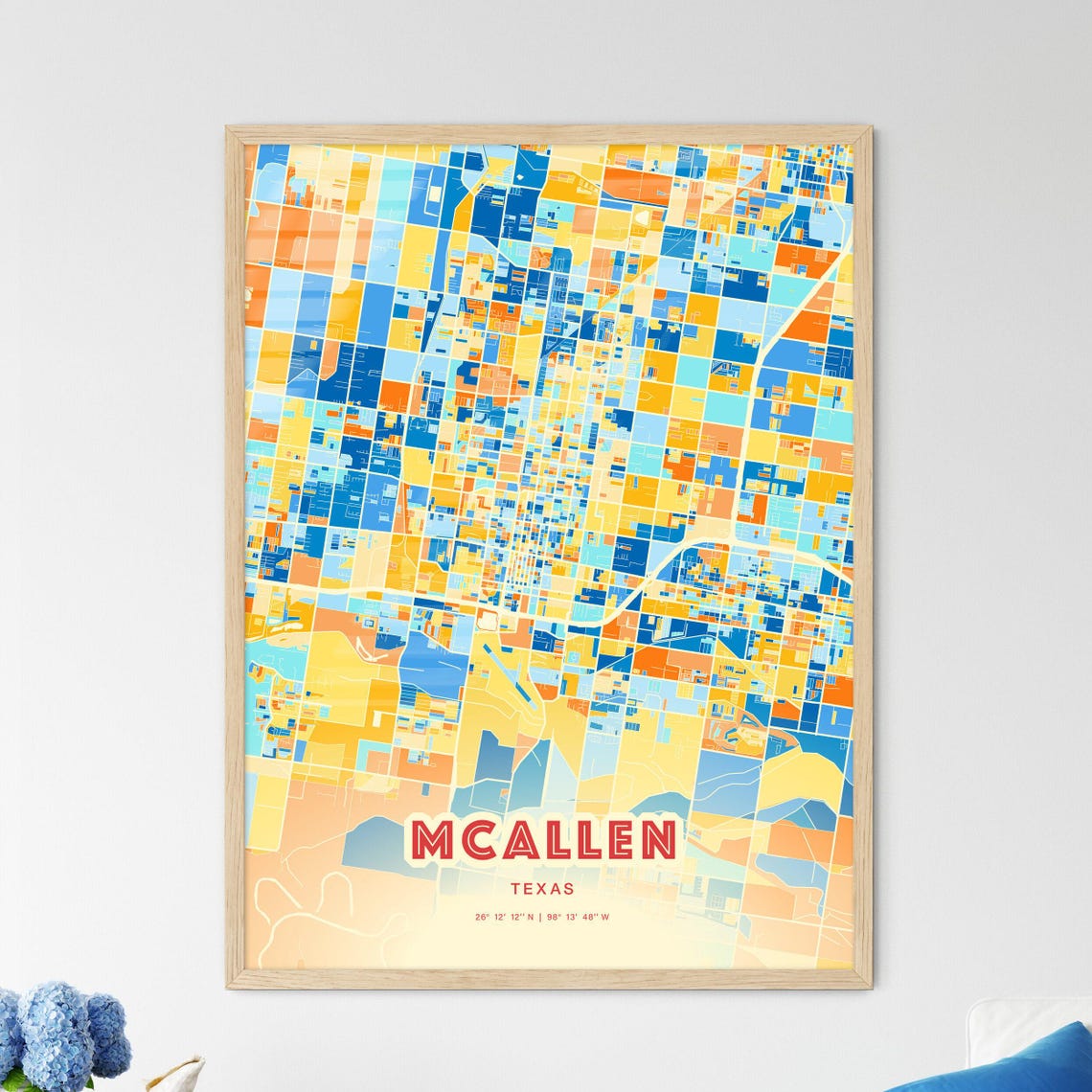 McAllen Texas Vibrant Colorful Art Map Poster Blue Orange Mosaic