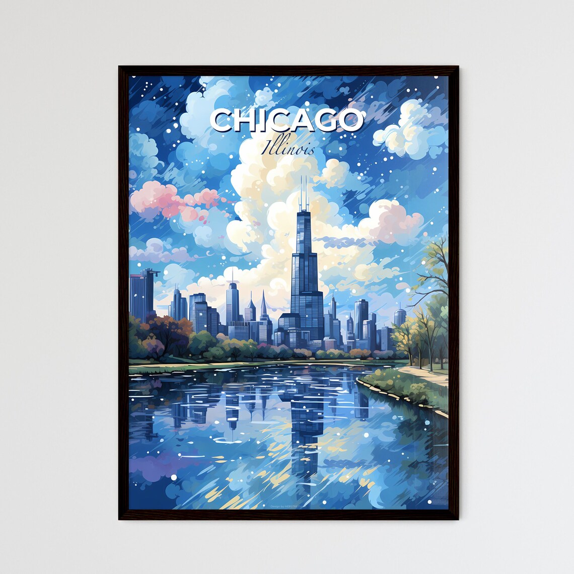 Chicago Illinois Twin Antenna Tower River Night Sky Travel Art Poster