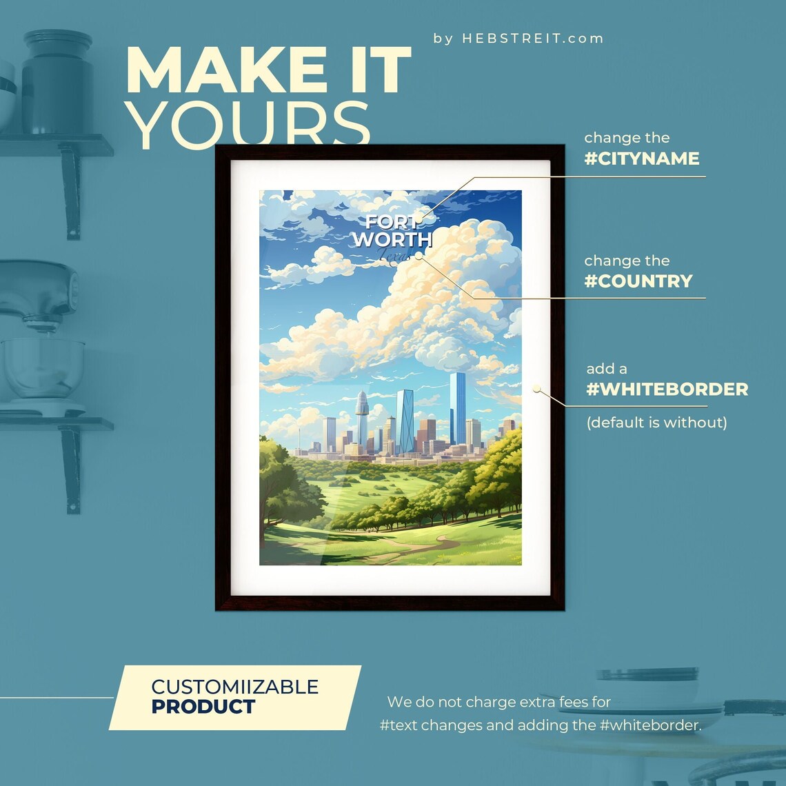 Fort Worth Texas Downtown Skyline Green Park Cloud Travel Poster - Image 2