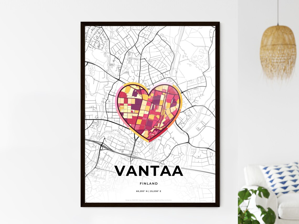Vantaa Finland Modern Minimalist Heart Street Map Art Poster