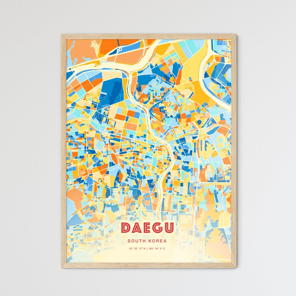 Daegu South Korea Modern Geometric Blue Orange City Map Art Poster