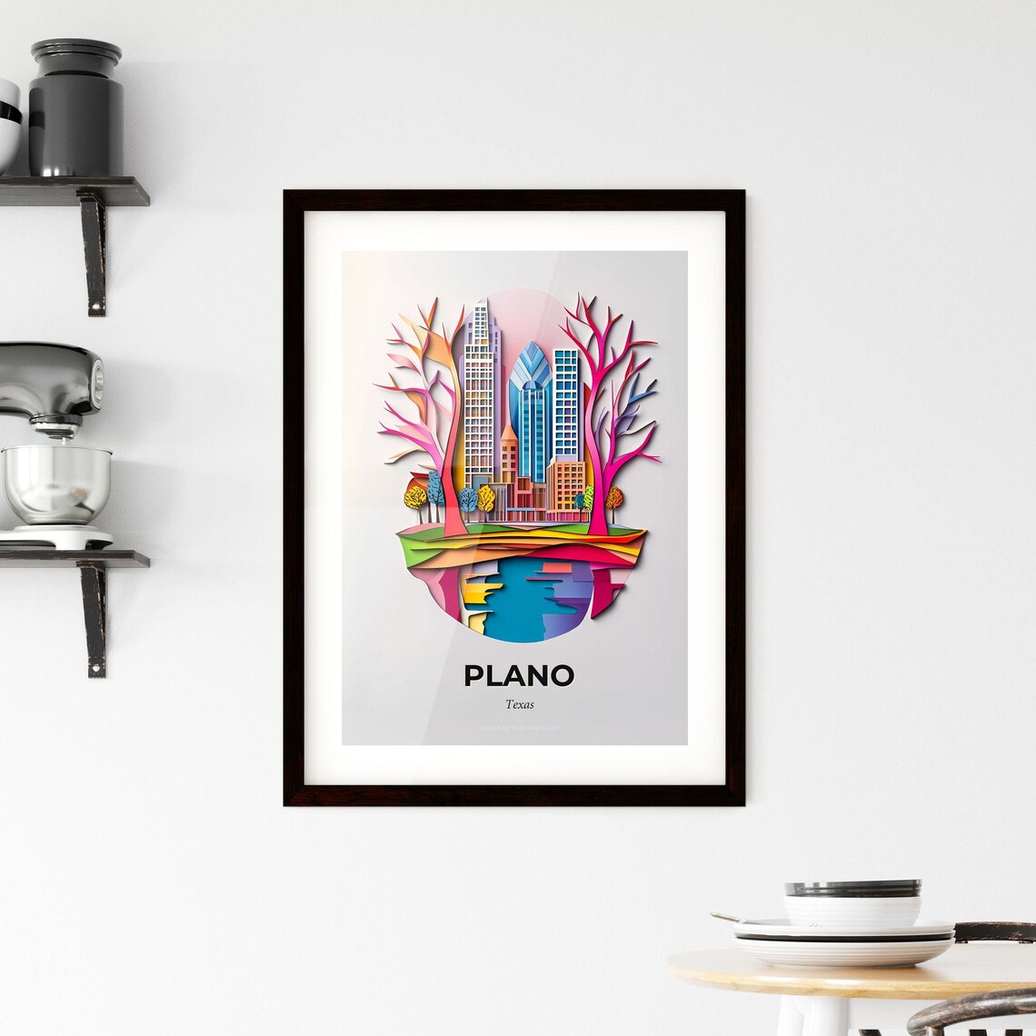Plano Texas Colorful 3D Paper Cut Skyline Trees Lake Art Poster - Image 2