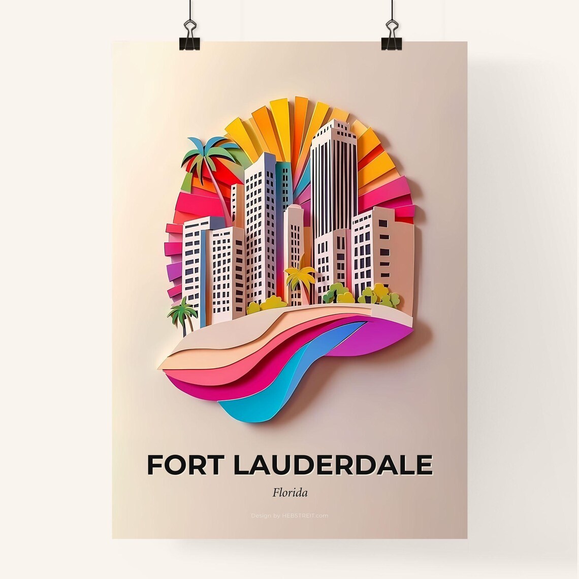 Fort Lauderdale Florida Colorful Paper Cut Palms Skyline Poster - Image 4