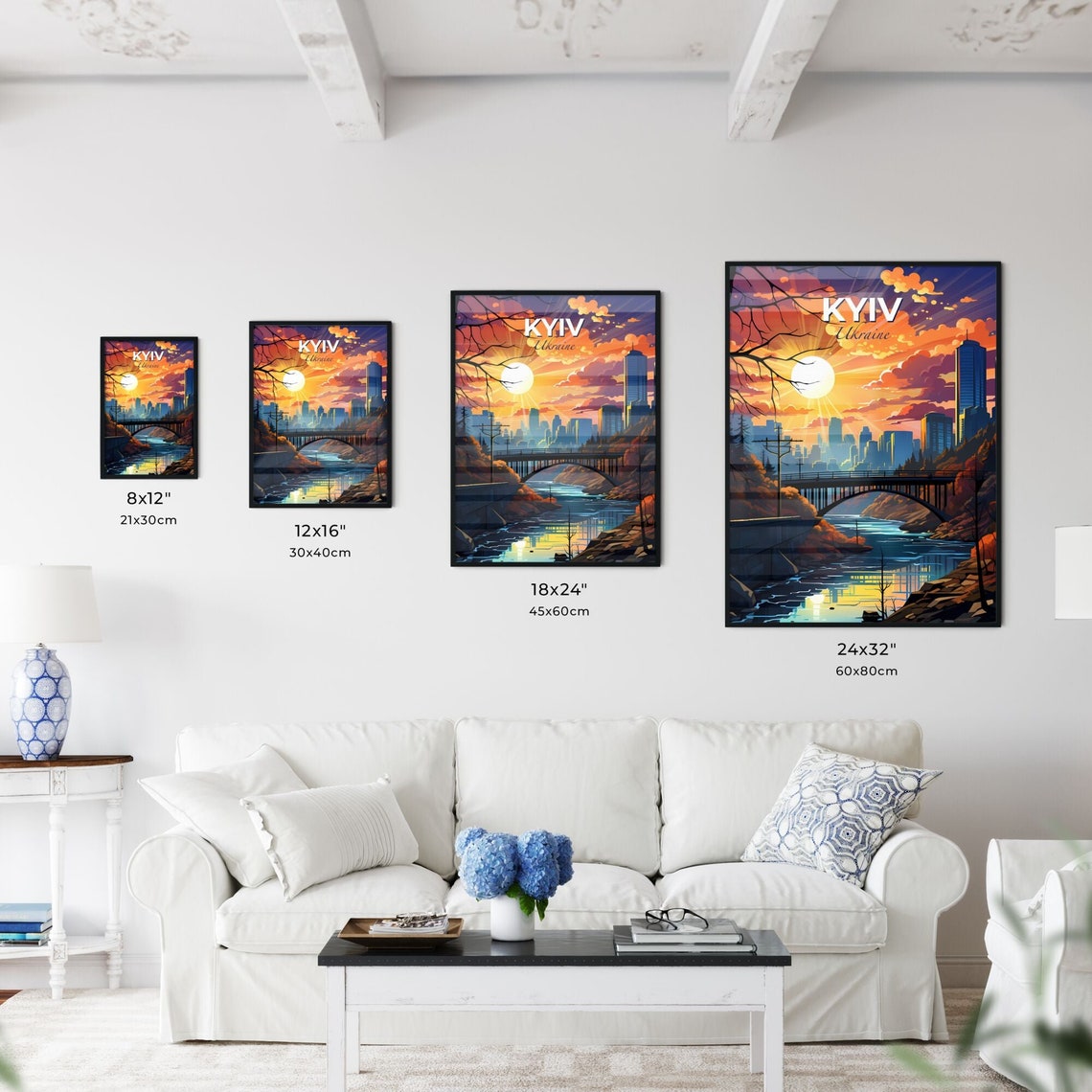 Kyiv Ukraine Sunset River Bridge Skyline Fiery Sky Art Poster - Image 3