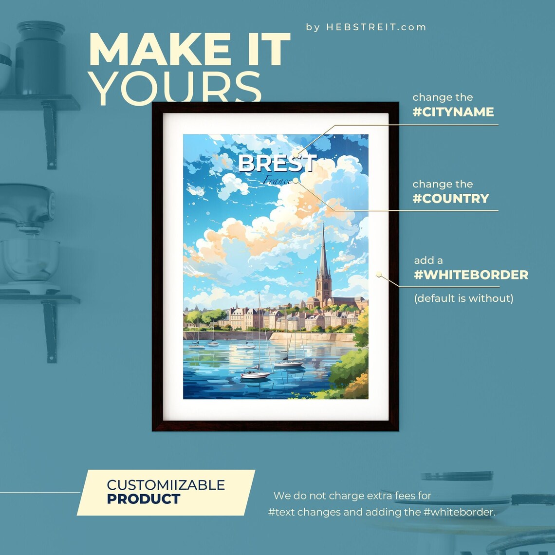 Brest France Skyline Harbor Sailboats Church Spire Waterfront Travel Poster - Image 2