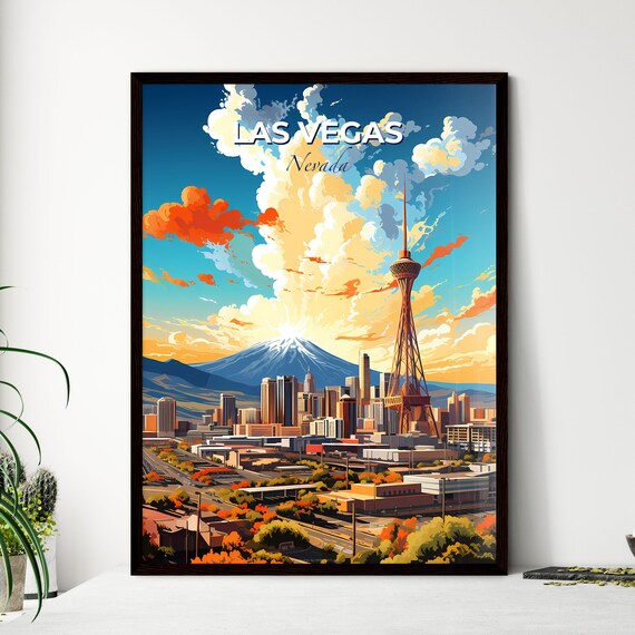 Las Vegas Nevada Strip Tower Skyline Mountain Sunset Travel Poster