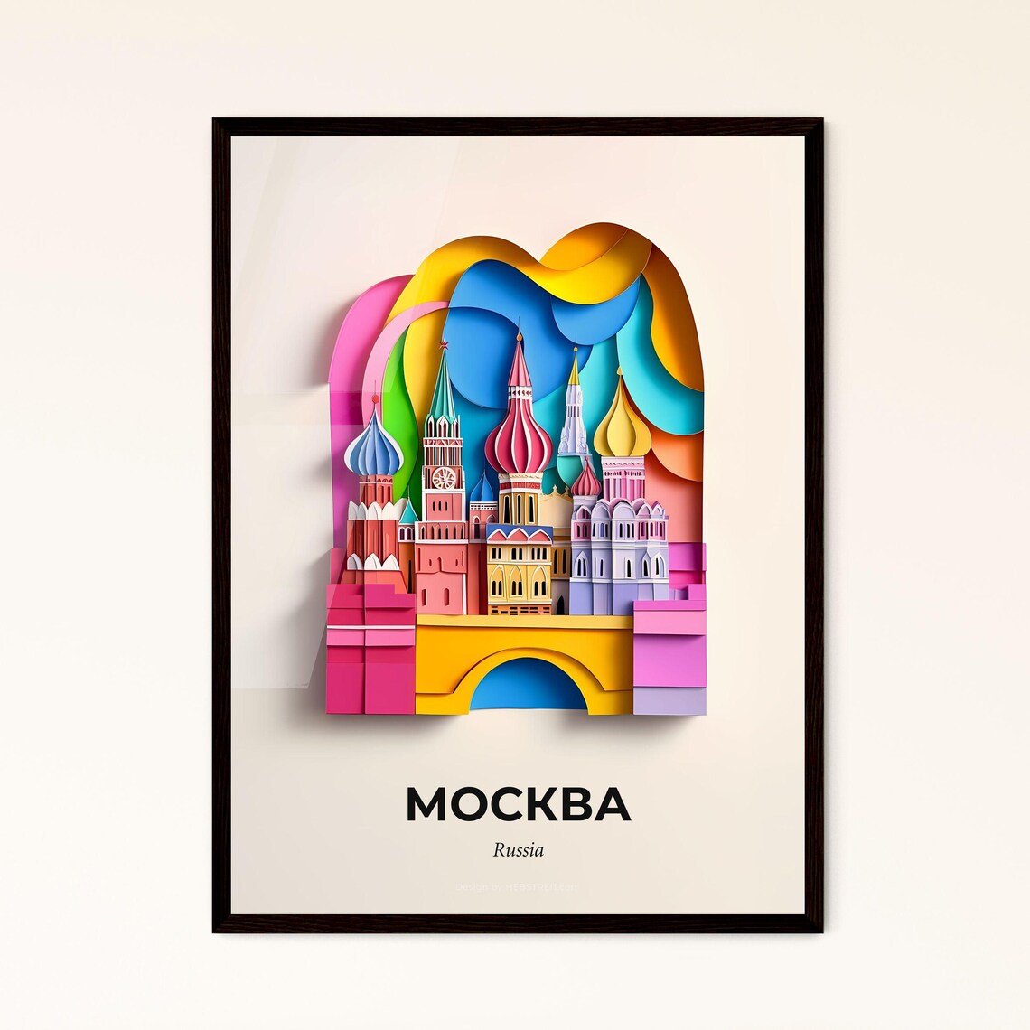 Moscow Russia Colorful Onion Domes Bridge Paper Cut Travel Poster