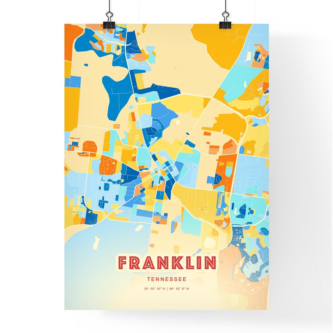 Franklin Tennessee Colorful Blue and Orange Retro City Street Map Wall Art