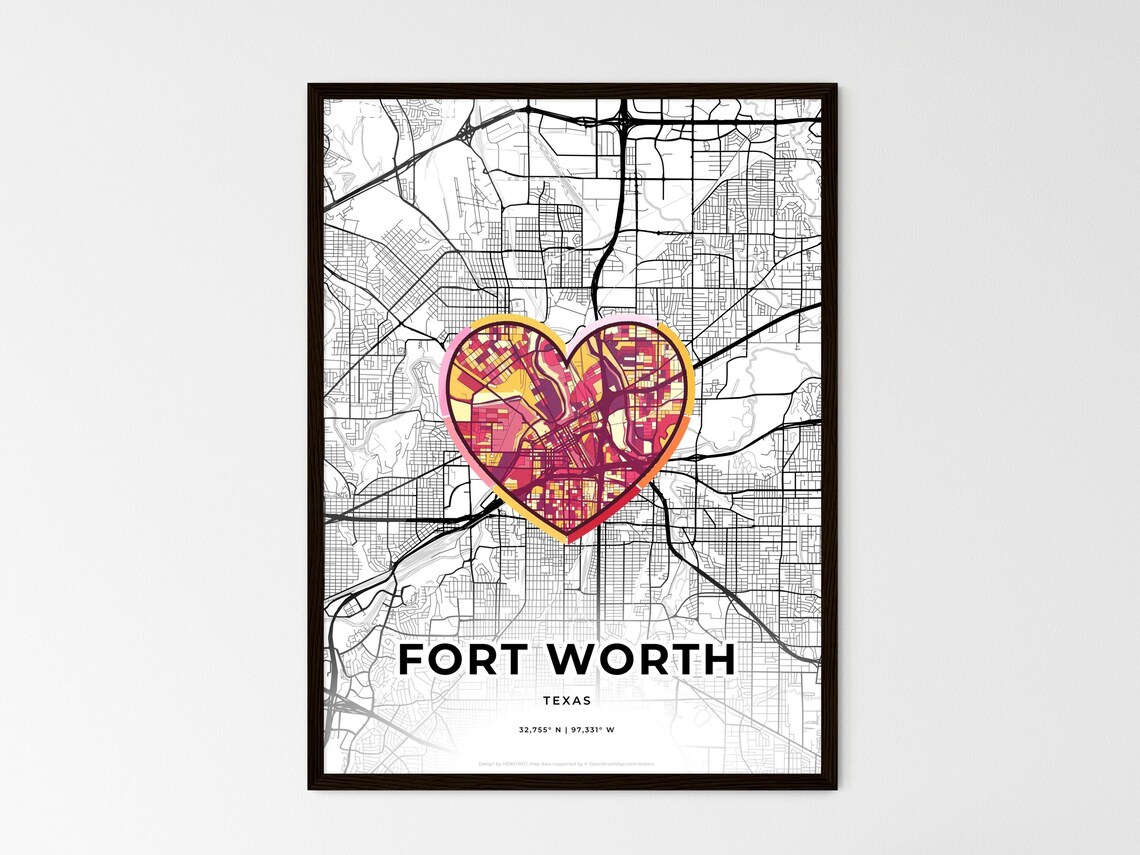 Fort Worth Texas Minimal City Map Colorful Heart Icon Art Poster