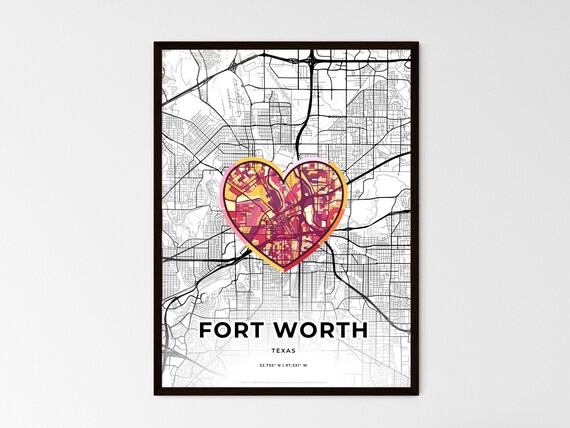 Fort Worth Texas Minimal City Map Colorful Heart Icon Art Poster