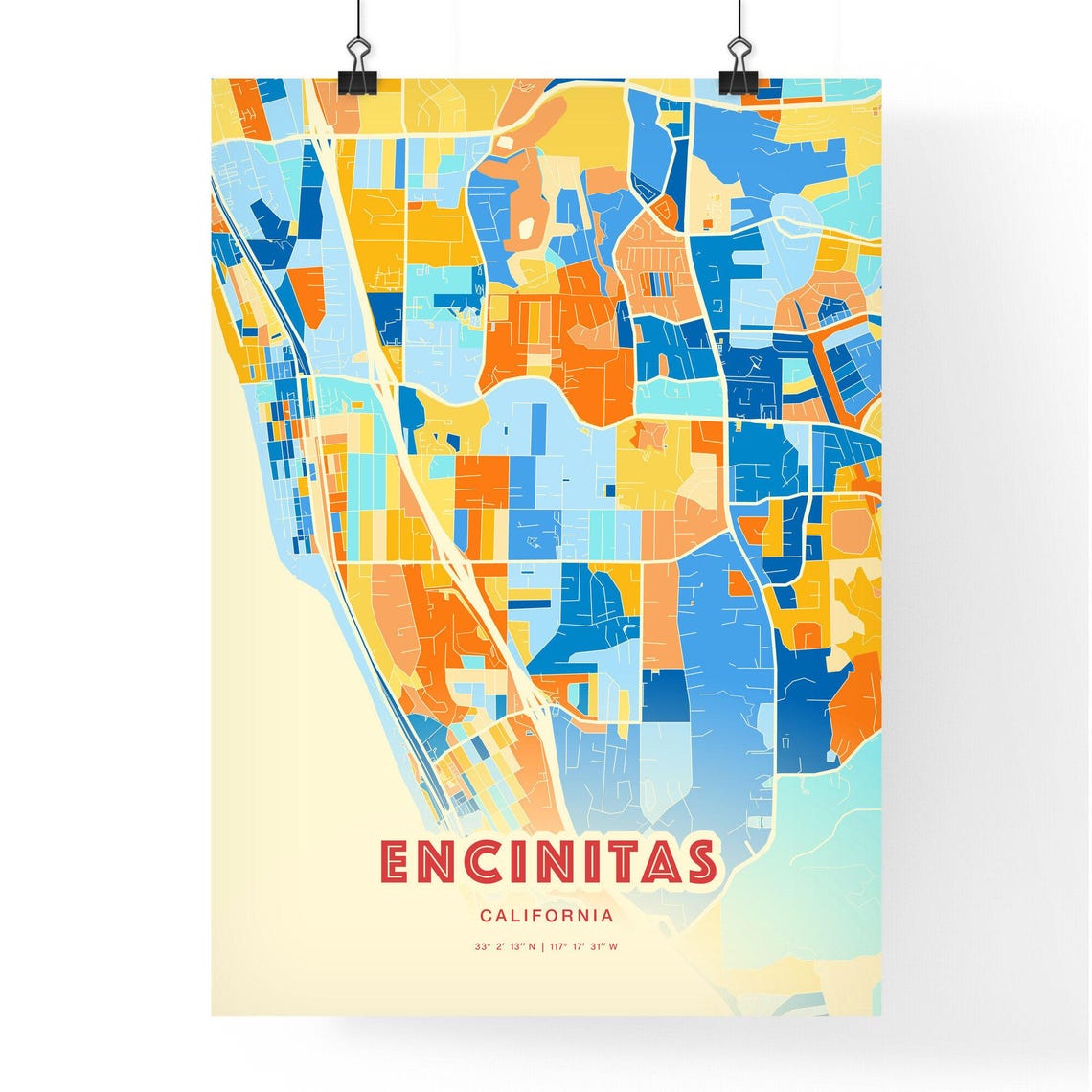 Encinitas California Blue Orange City Map Art Home Decor Poster