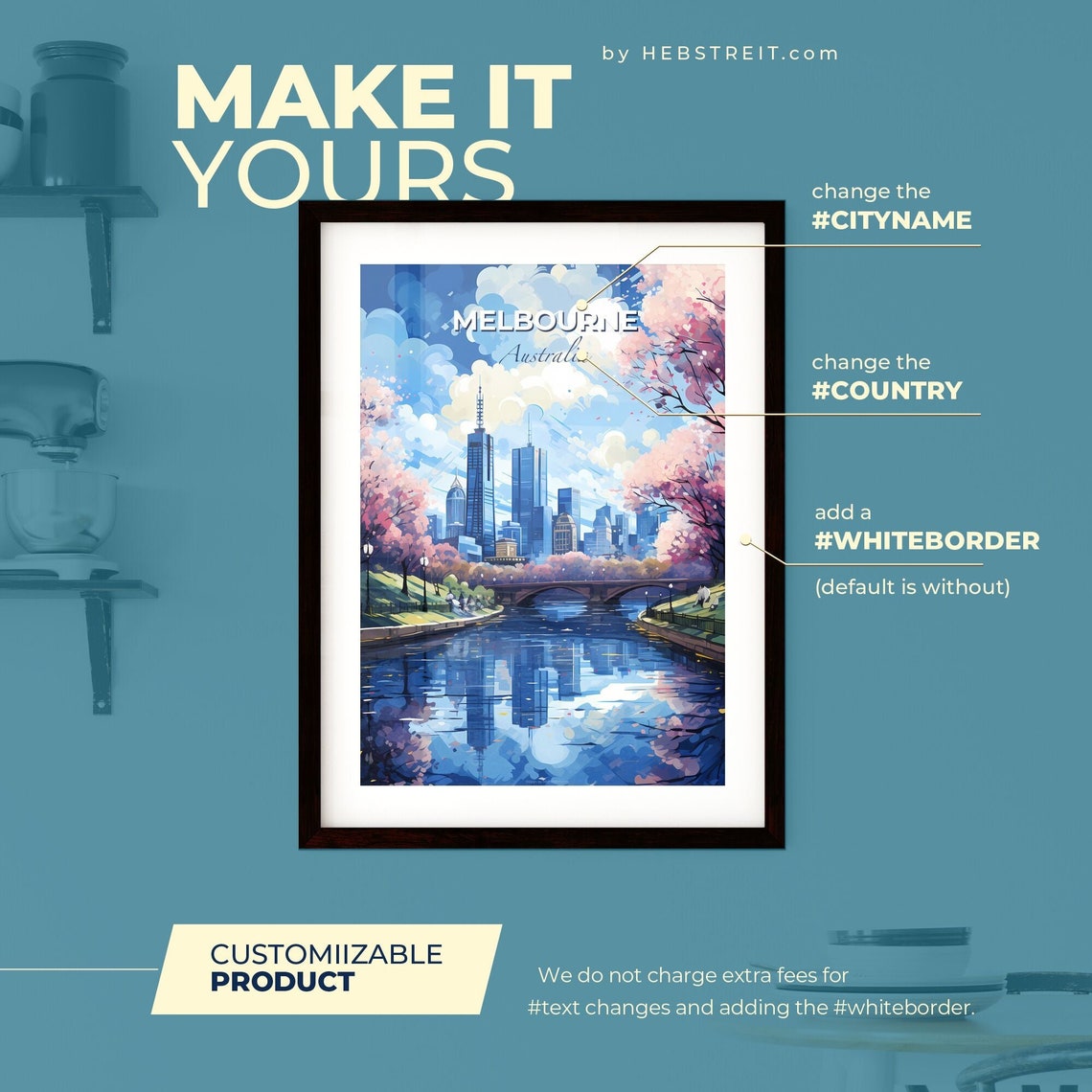 Melbourne Australia River Skyscrapers Spring Blossom Skyline Poster - Image 2