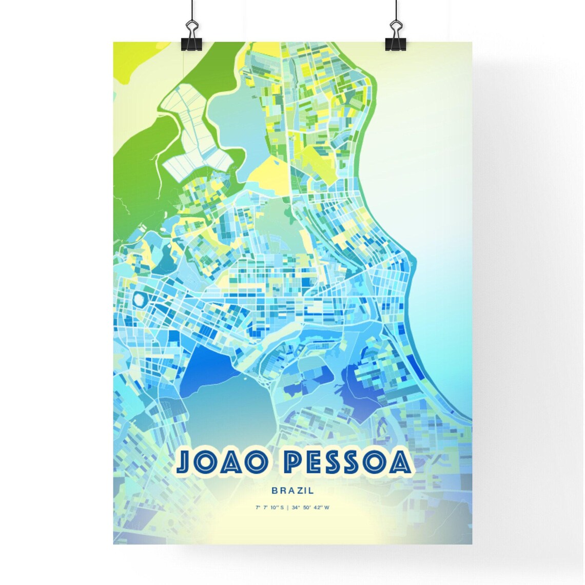 Joao Pessoa Brazil Bluish Watercolor Modern Decorative City Map Art Poster - Image 3