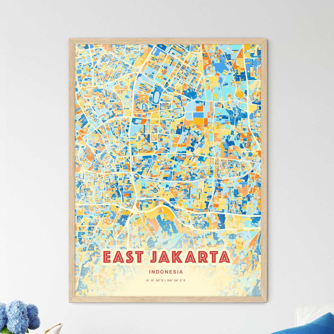 East Jakarta Indonesia City Map Abstract Blue Orange Modern Art Print
