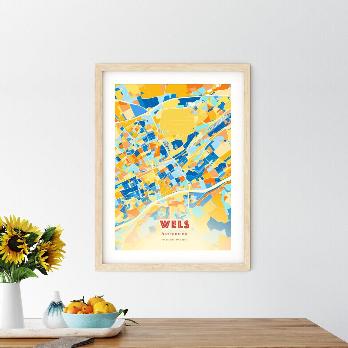 Wels Österreich Colorful Blue Orange Map Art Poster Wall Decor - Image 2