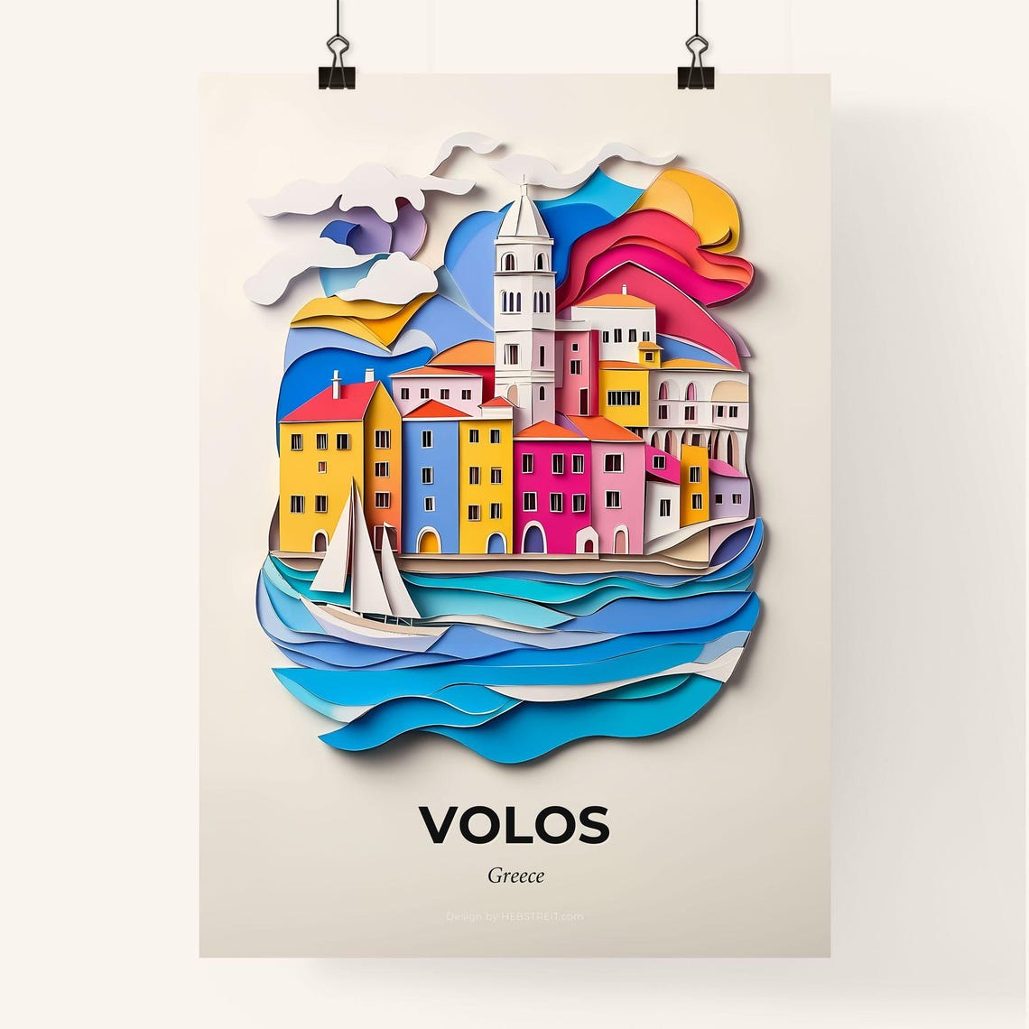 Volos Greece Vibrant Paper Cut Harbor Cityscape Decor Poster - Image 4