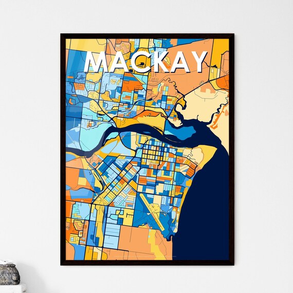 Mackay Australia Bold City Map Art Poster in Navy Orange and Yellow