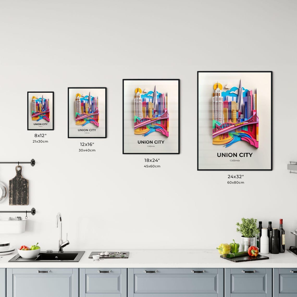 Union City California Skyline Bridge Colorful Paper Cut Poster - Image 3