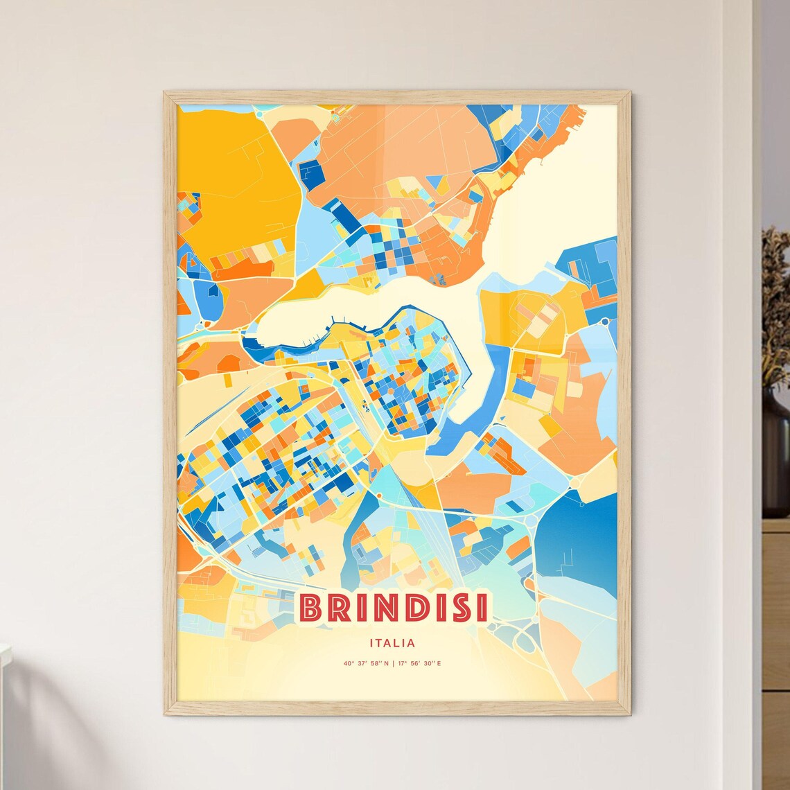 Brindisi Italia Colorful Blue Orange Map Art Poster Wall Decor