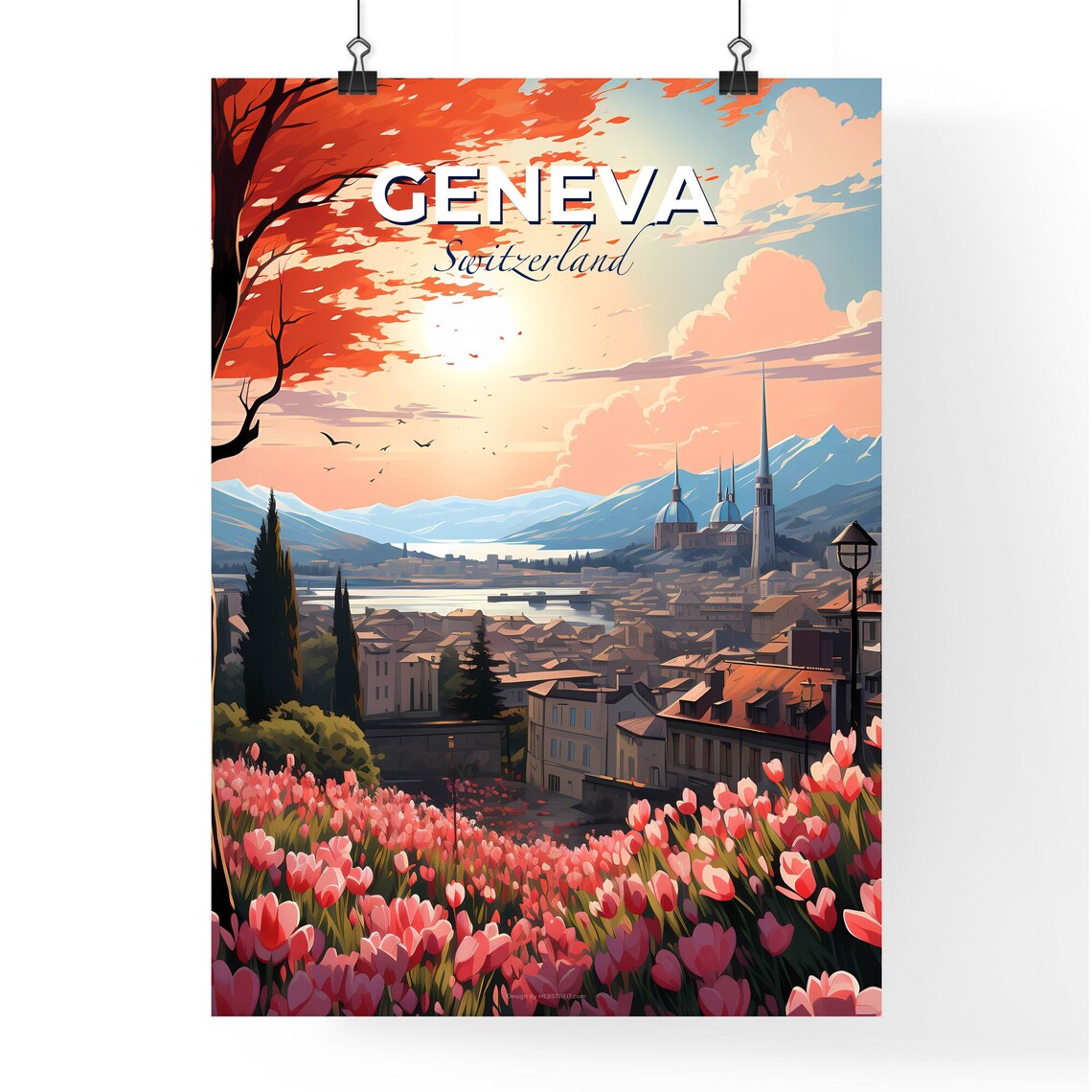 Geneva Switzerland Tulip Field Lake And Alps Sunset View Poster - Image 4