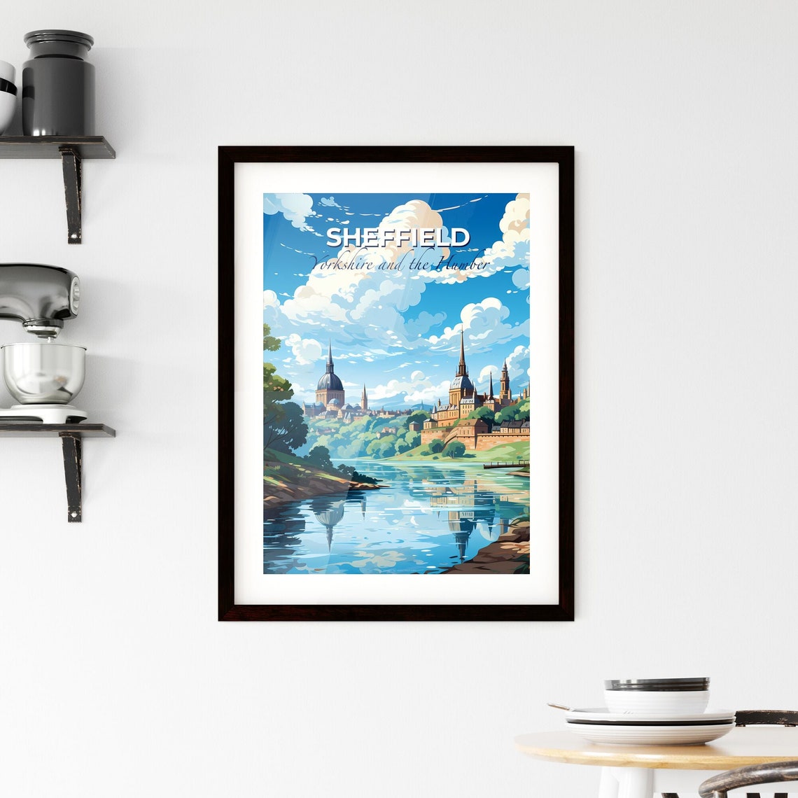 Sheffield Yorkshire River Reflection Spires Domes Travel Poster - Image 2