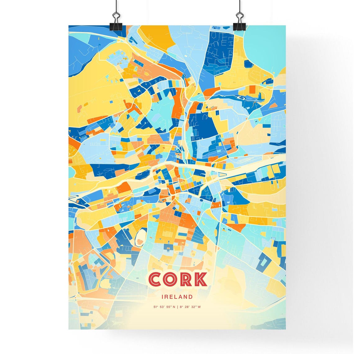 Cork Ireland Modern Geometric Blue Orange City Map Art Poster - Image 3
