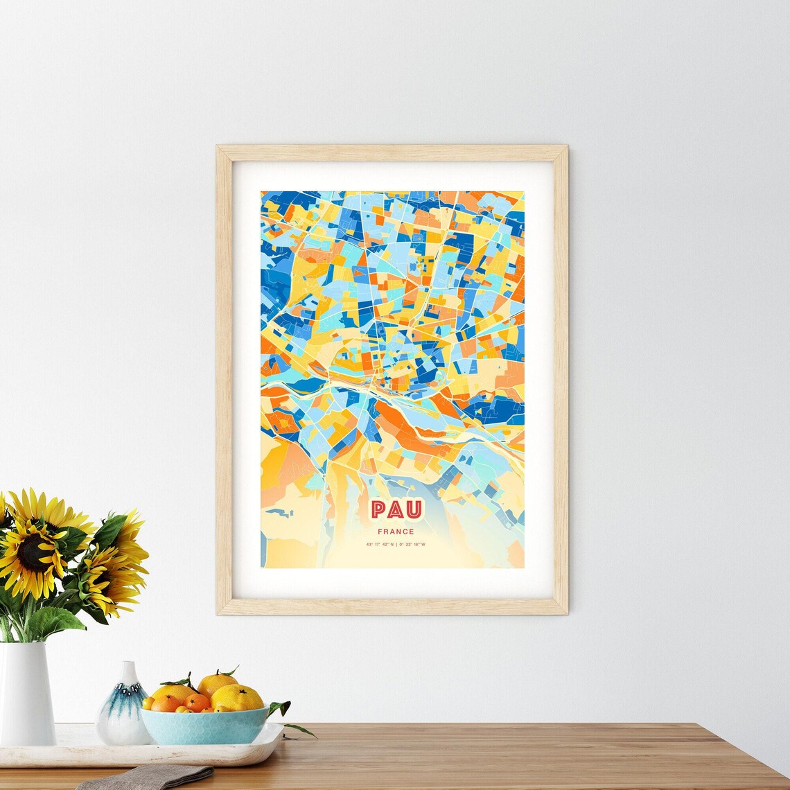 Pau France Colorful Blue and Orange Retro City Street Map Wall Art - Image 2