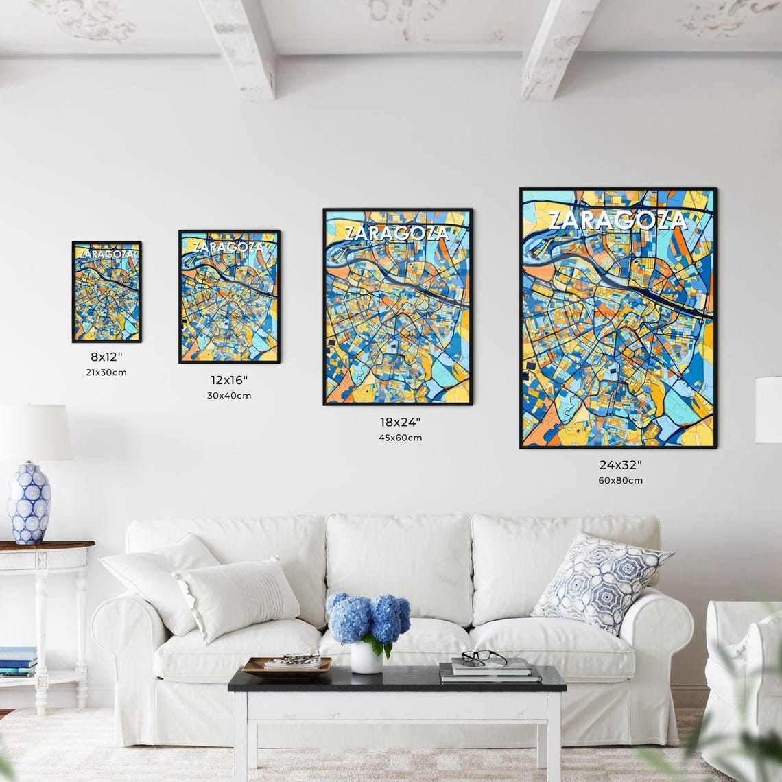 Zaragoza Spain Bold Geometric City Map Art Poster in Blue and Orange - Image 3