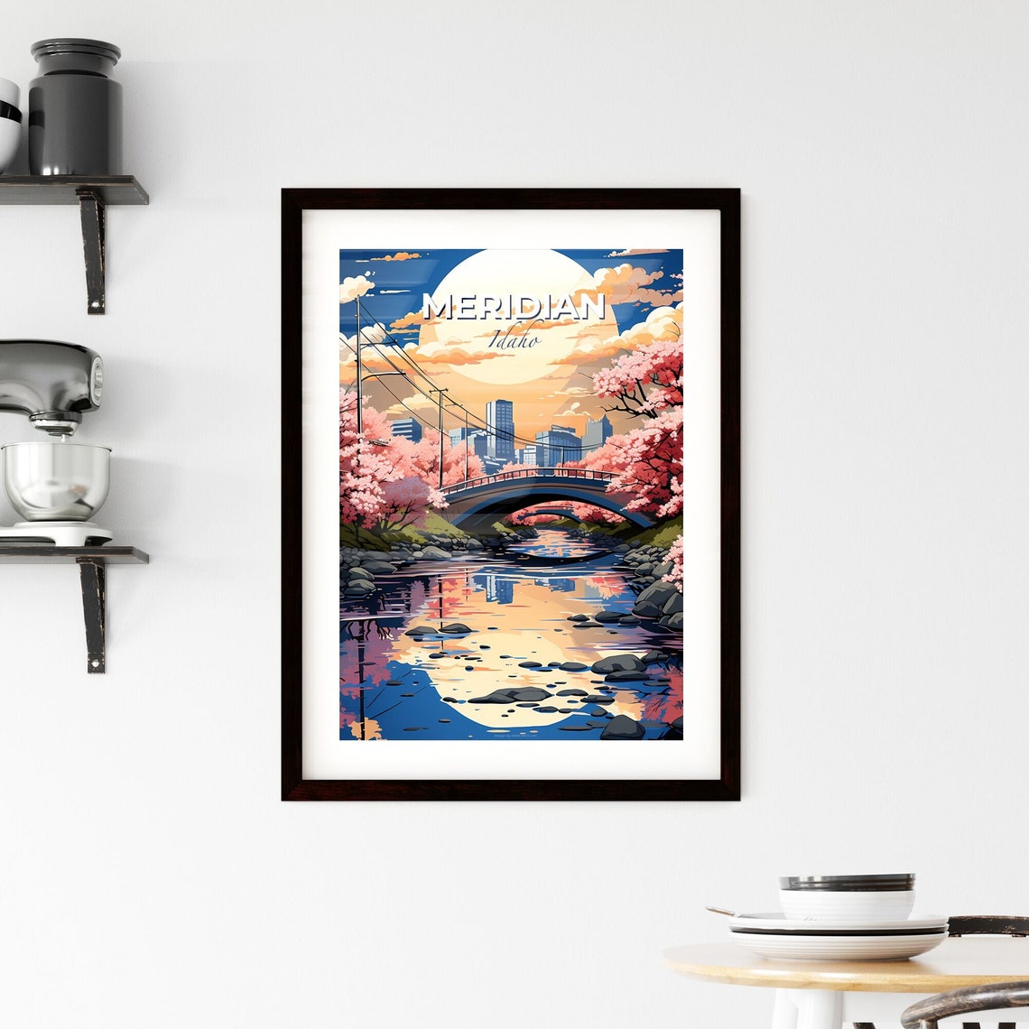 Meridian Idaho Cherry Blossom River Bridge Full Moon Art Poster - Image 2
