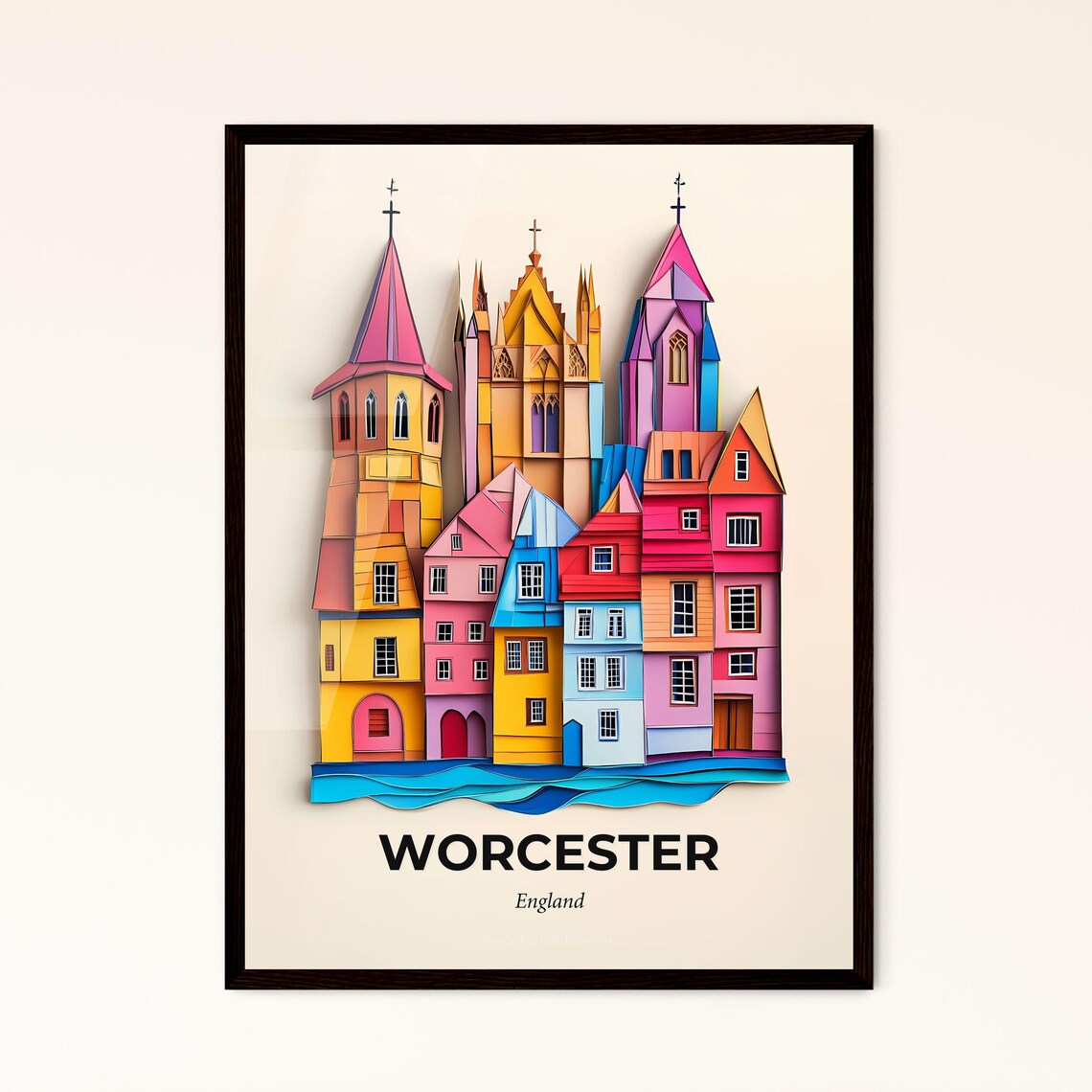 Worcester England Cathedral Colorful Town Vivid Paper Cut Poster