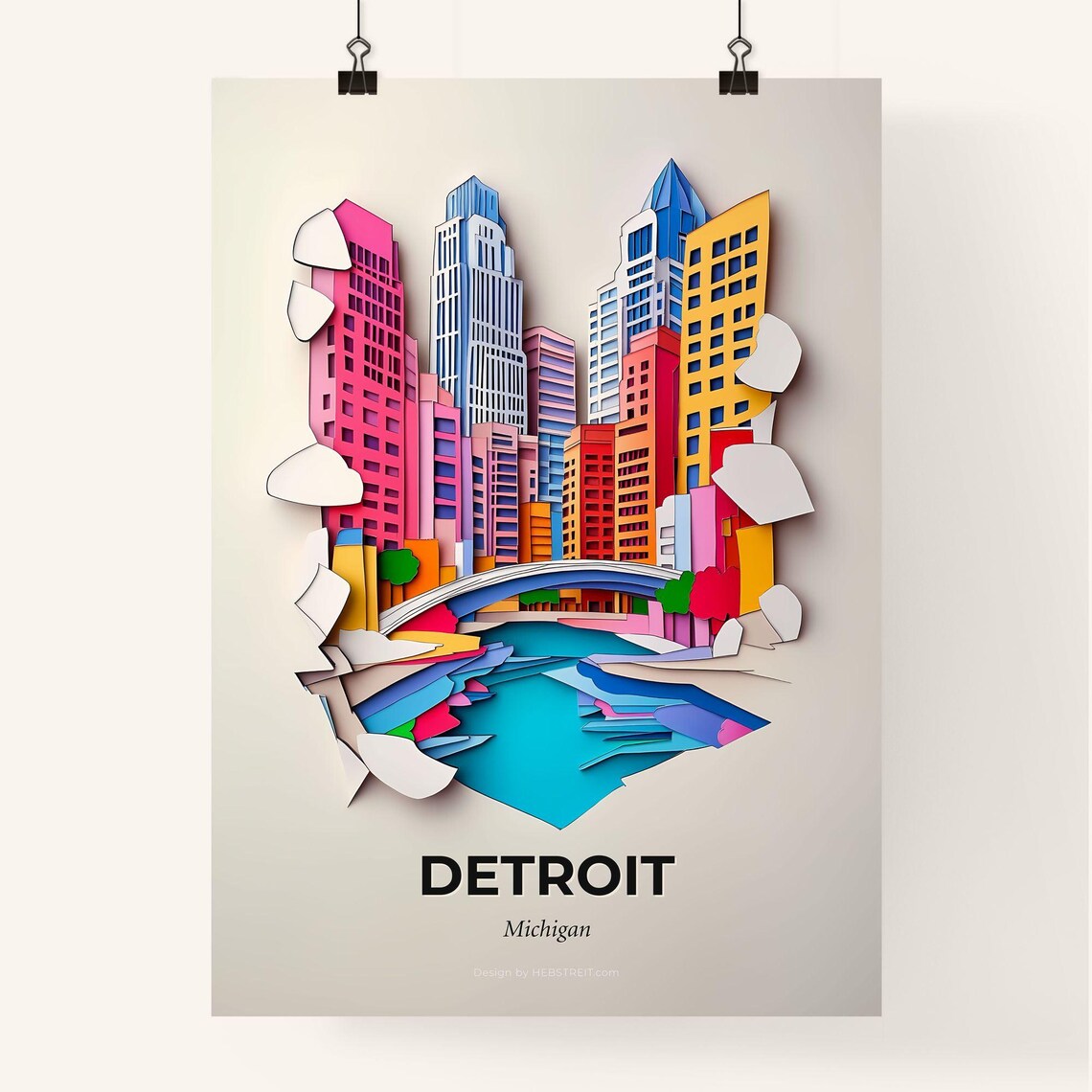Detroit Michigan Colorful Paper Cut Skyline Bridge River Poster - Image 4