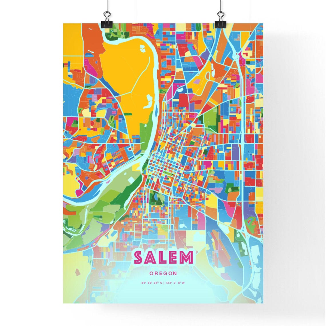 Salem Oregon Modern Crazy Colorful Mosaic City Map Art Poster - Image 3