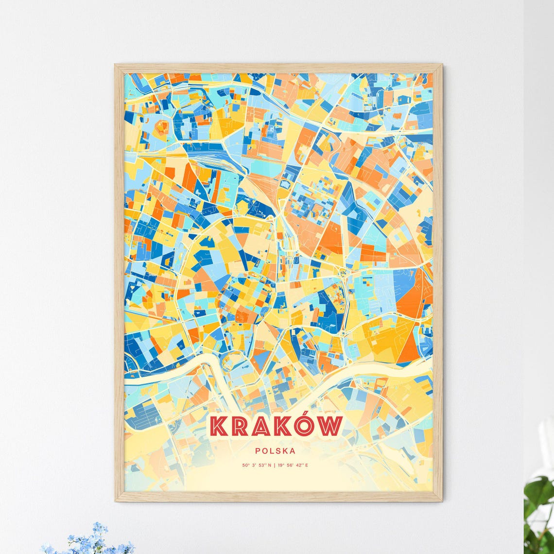 Krakow Poland Elegant Pastel Blue and Orange Fine Art Map Print