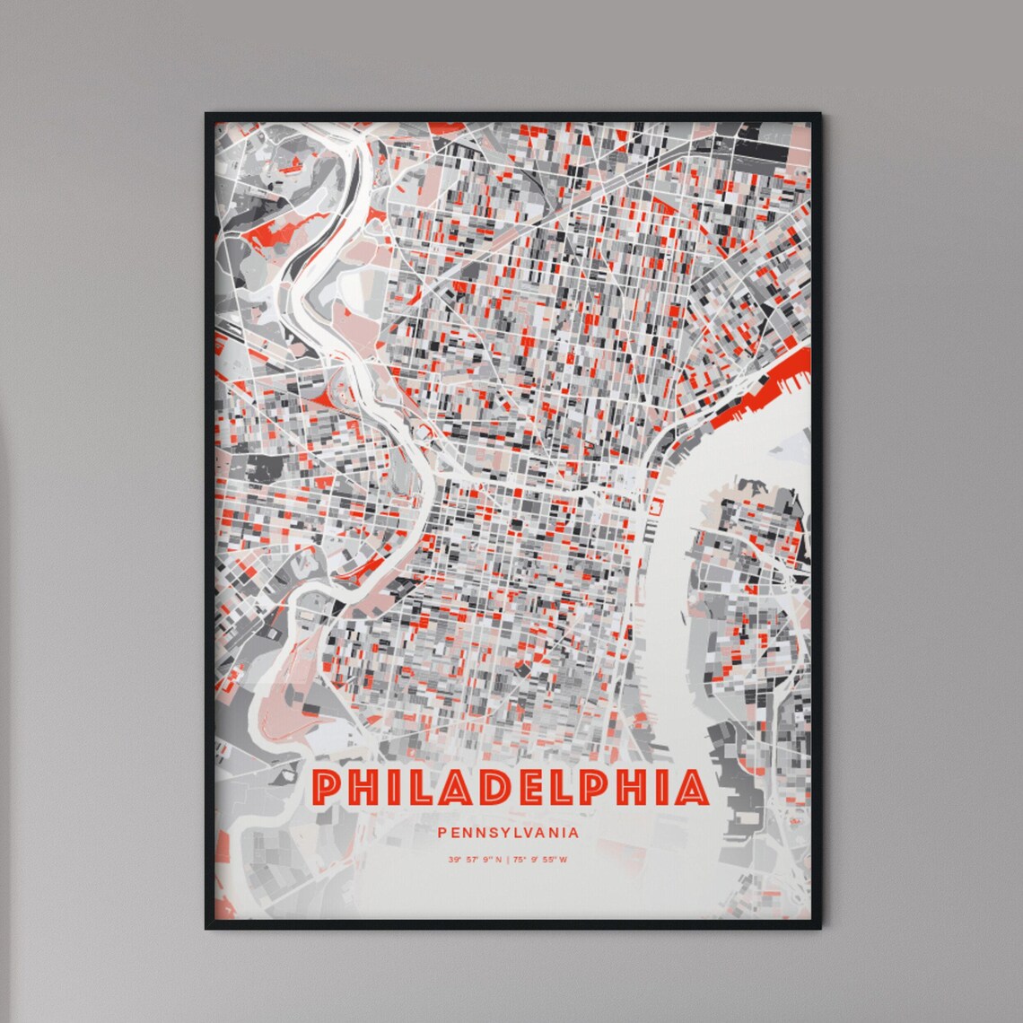 Philadelphia Pennsylvania Red and Grey Expressive City Map Art Poster