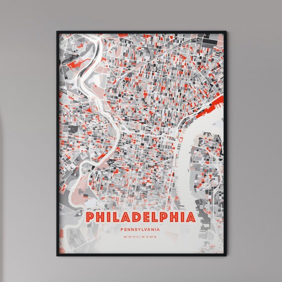 Philadelphia Pennsylvania Red and Grey Expressive City Map Art Poster